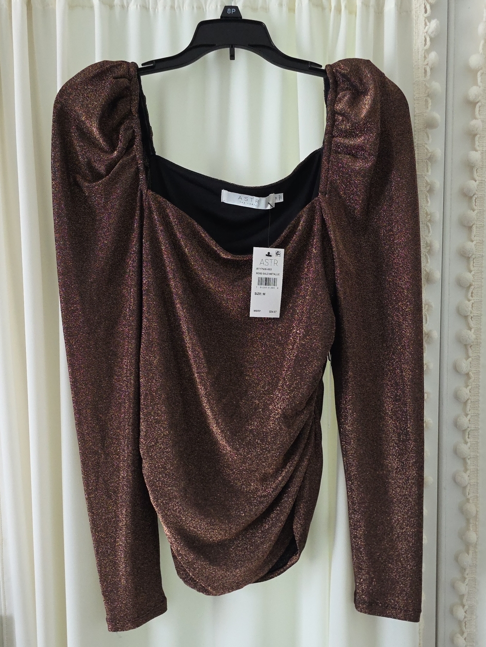 Astr Metallic Brown Puff-Sleeve Draped Top